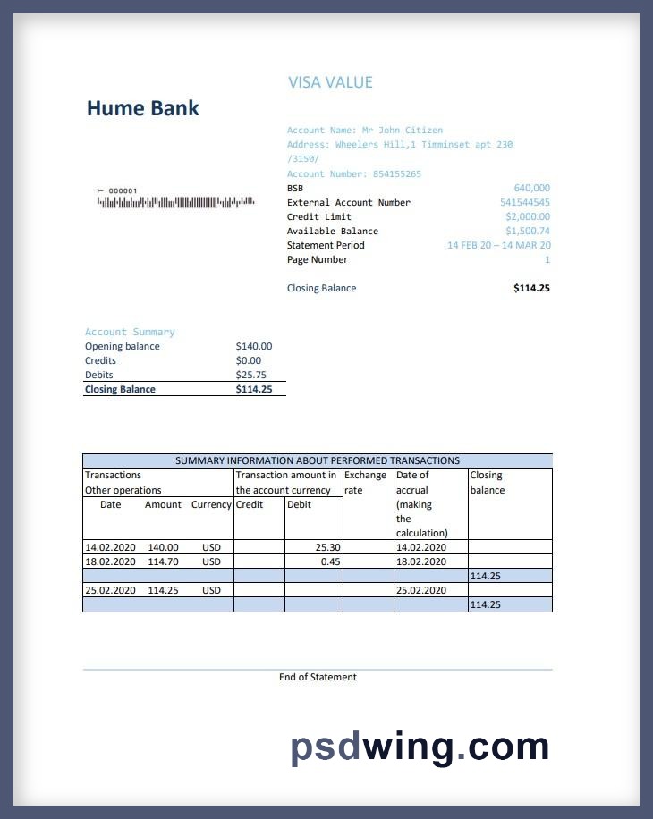 Australia Hume Bank Statement (Excel)